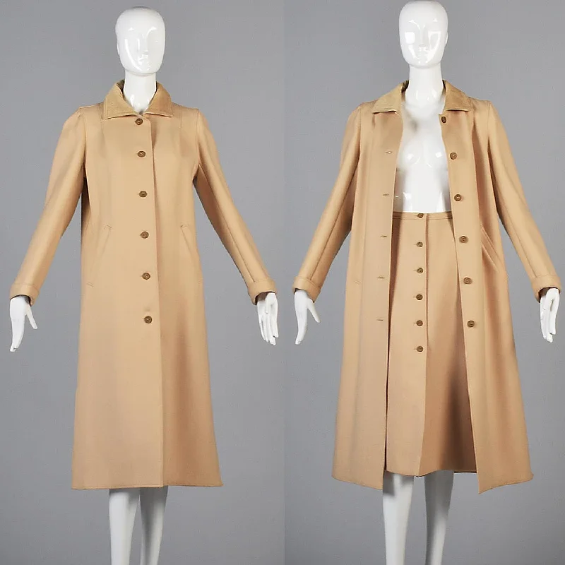 1970s Courreges Camel Coat and Skirt Set with Button Details velvet skirt plush