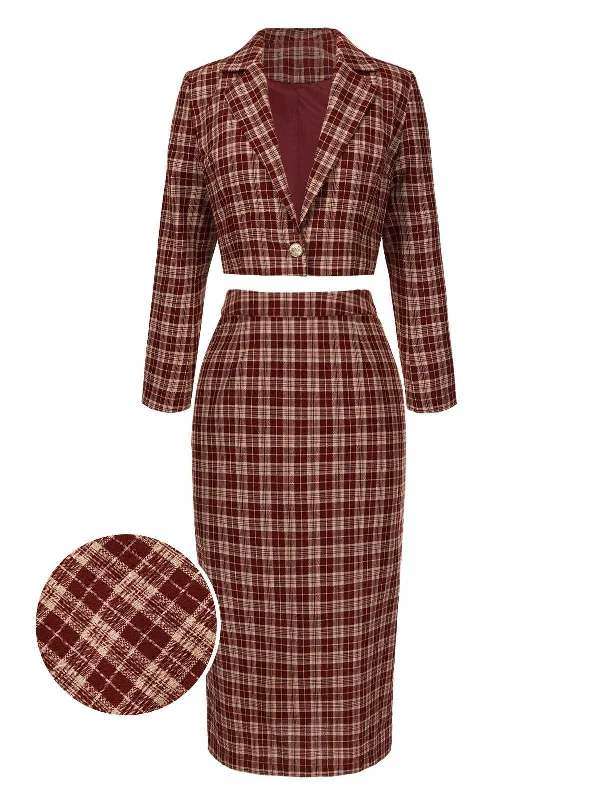 [Pre-Sale] 2PCS Red 1960s Plaid Lapel Short Coat & Slit Skirt athletic skirt fit