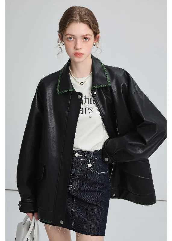 Black Leather Jacket , Loose Slimming Biker Style Pu Jacket Fitted Jacket Loose Jacket Oversized Jacket