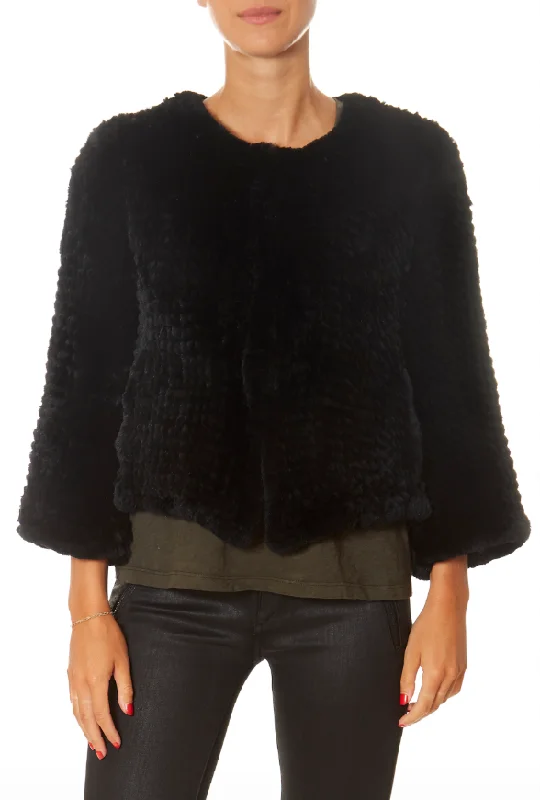 Black Fluted Arm Knitted Rabbit Jacket Wool Fabric Cashmere Fabric Tweed Fabric