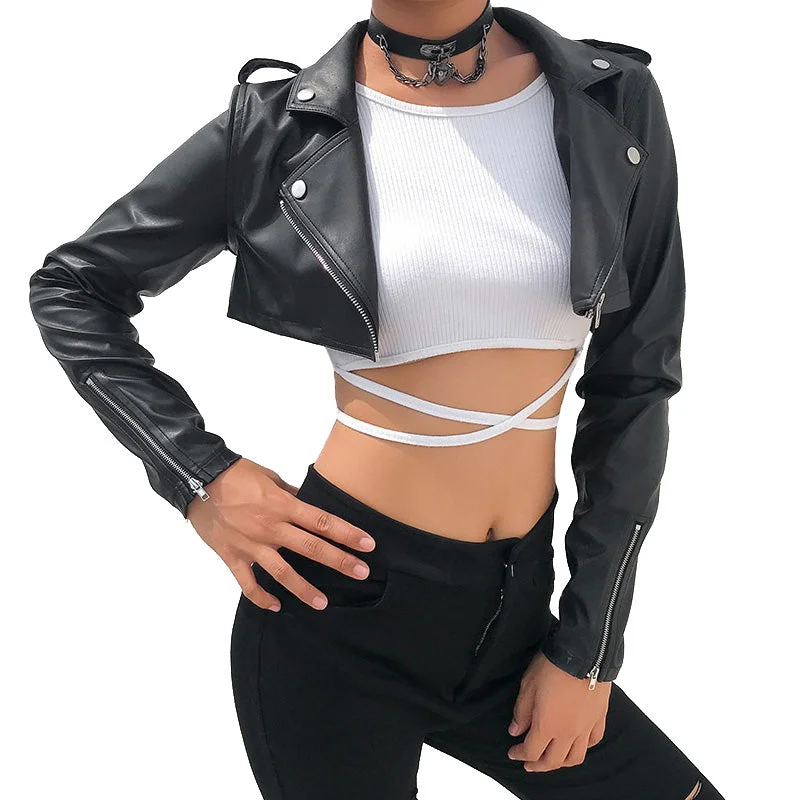 Black PU Leather Crop Jacket / Rocker Chick Wear / Long Sleeve Turn-Down Zipper Short Jacket Quilted Jacket Puffer Jacket Insulated Jacket Black PU Leather Crop Jacket / Rocker Chick Wear / Long Sleeve Turn-Down Zipper Short Jacket Quilted Jacket Puffer Jacket Insulated Jacket