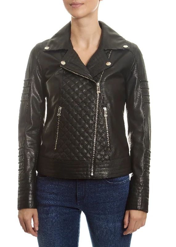 Black 'Quilted' Leather Jacket V-Neck Jacket Boat Neck Jacket Square Neck Jacket