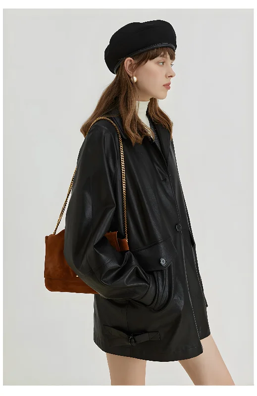 Black Retro-Style Eco-Friendly Pu Leather Moto Jacket Fitted Jacket Loose Jacket Oversized Jacket Black Retro-Style Eco-Friendly Pu Leather Moto Jacket Fitted Jacket Loose Jacket Oversized Jacket