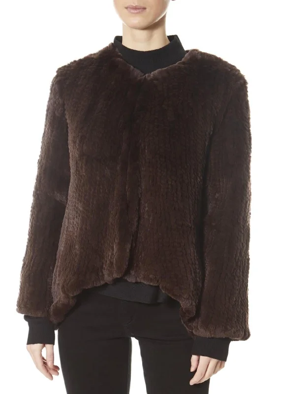 Brown Asymmetric Knitted Rex Rabbit Jacket Mesh Jacket Canvas Jacket Denim Jacket