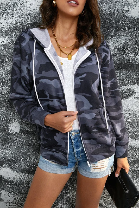 Camouflage Drawstring Detail Zip Up Hooded Jacket Front Pockets Side Pockets Patch Pockets