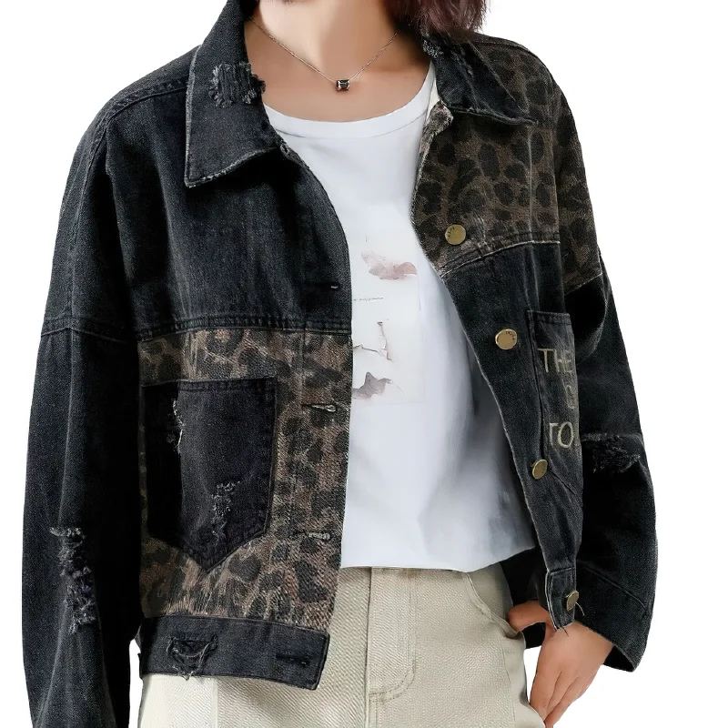 Casual Female Denim Jacket With Leopard Embroidery / Alternative Women's Clothing Knit Fabric Woven Fabric Fleece Fabric Casual Female Denim Jacket With Leopard Embroidery / Alternative Women's Clothing Knit Fabric Woven Fabric Fleece Fabric