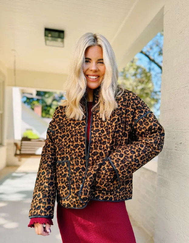 Cheetah Print Front Zip Up Jacket Front Pockets Side Pockets Patch Pockets