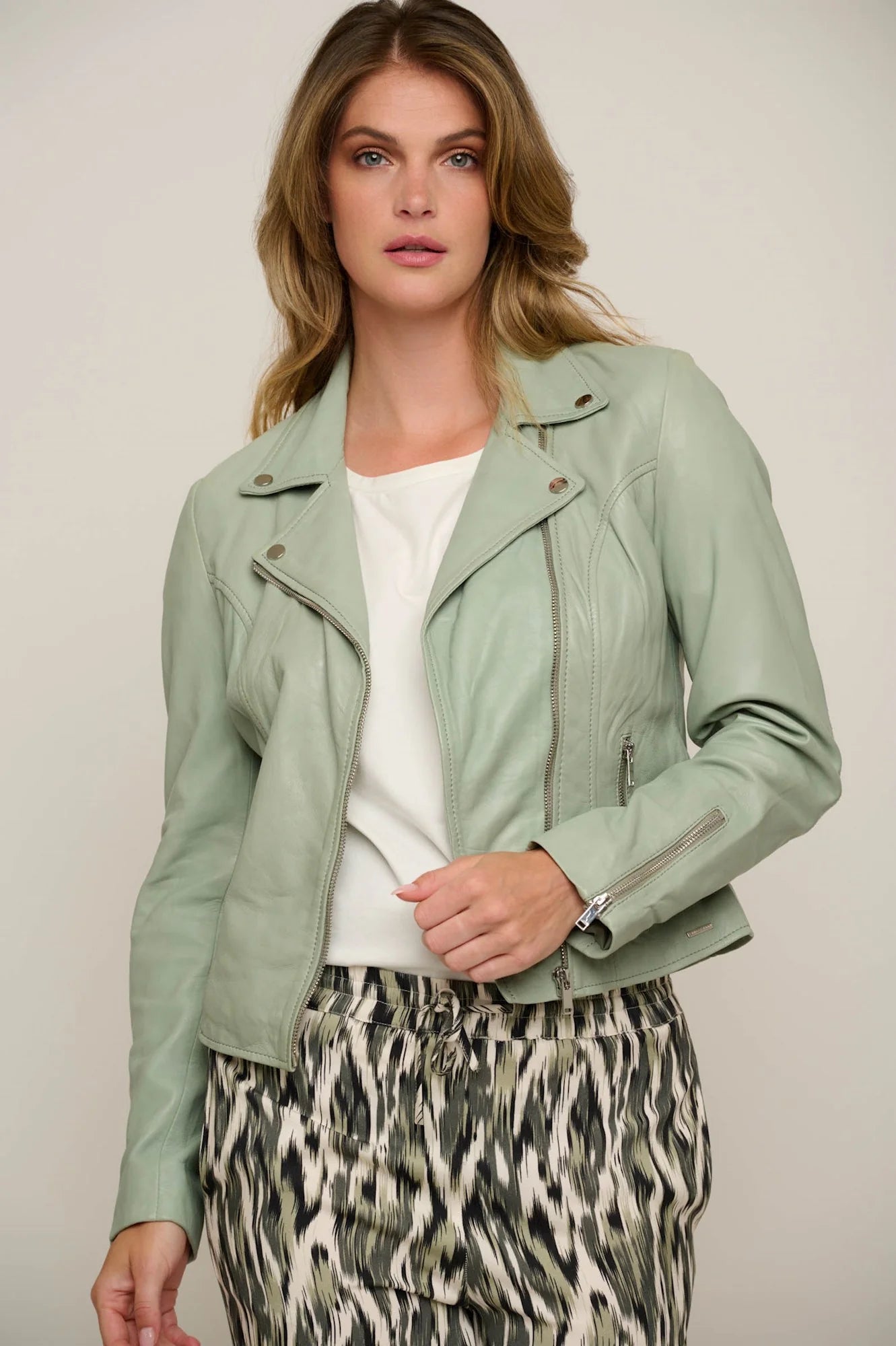 Emily Leather Biker Jacket in Sea Moss Rayon Jacket Velvet Jacket Corduroy Jacket