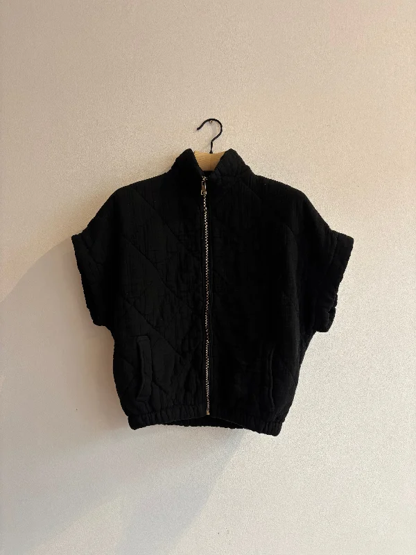 Black Cropped Sleeve Quilted Bomber Jacket Satin Fabric Silk Fabric Chiffon Fabric