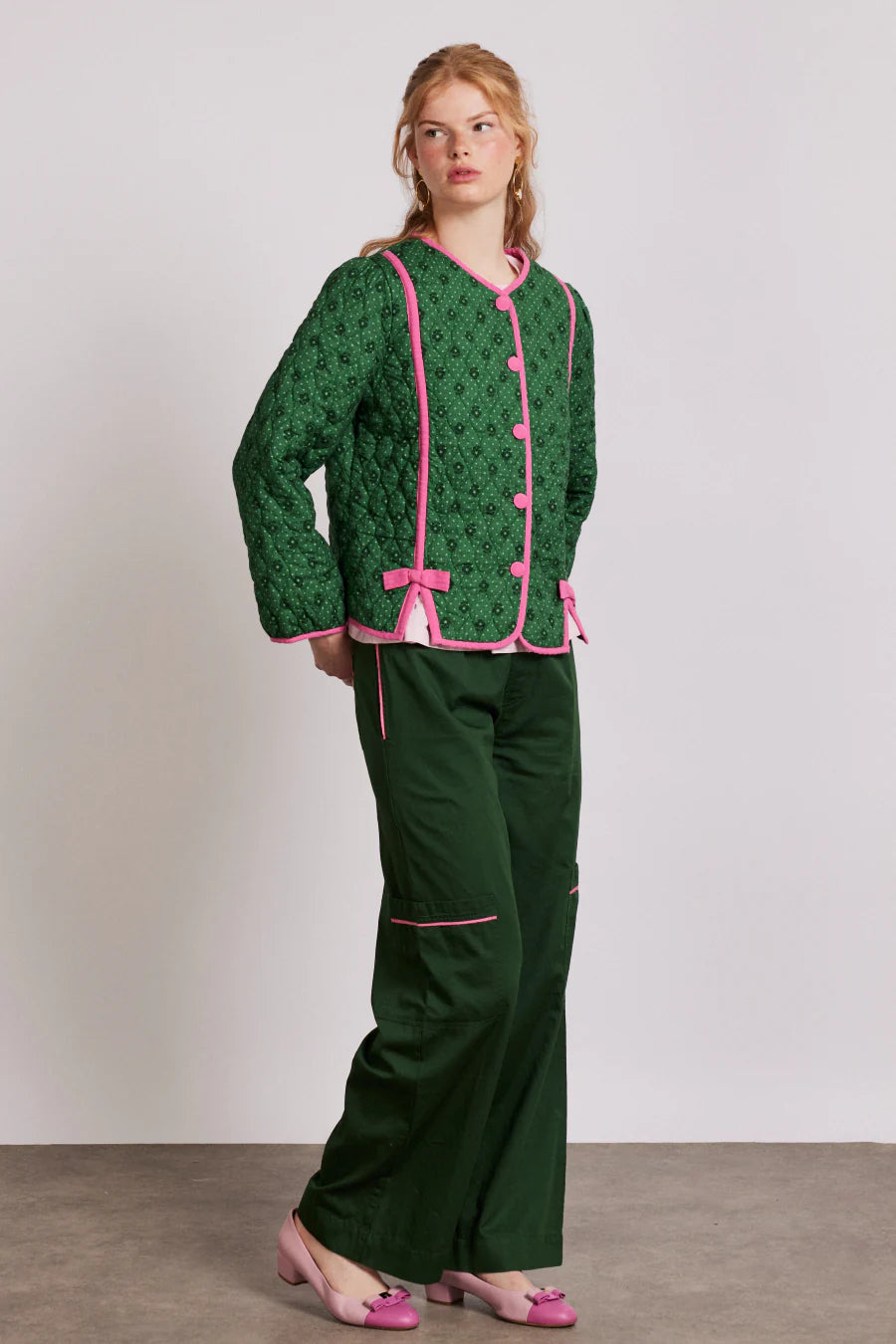 Diana Quilted Jacket Khaki and Pink Front Pockets Side Pockets Patch Pockets