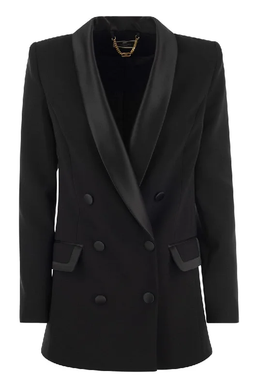 Double-breasted jacket in crepe and satin Boat Neck Shawl Collar Notched Collar