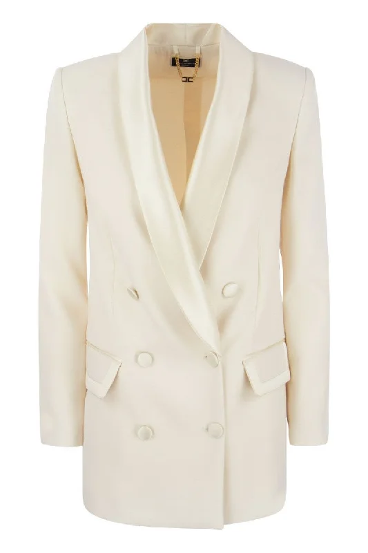 Double-breasted jacket in crepe and satin Stand-Up Collar Roll-Neck Collar Turtle Neck