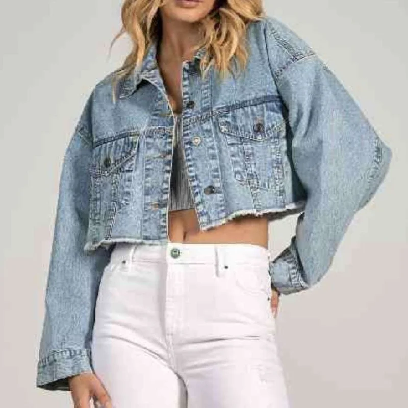 Elan Cropped Denim Jacket Nylon Jacket Polyester Jacket Spandex Jacket