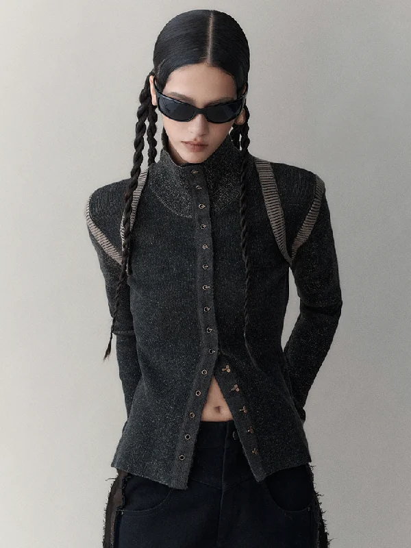 Elegant Bi-Color Knit Jacket With High-Neck And Slim Fit Striped Jacket Polka Dot Jacket Floral Jacket Elegant Bi-Color Knit Jacket With High-Neck And Slim Fit Striped Jacket Polka Dot Jacket Floral Jacket