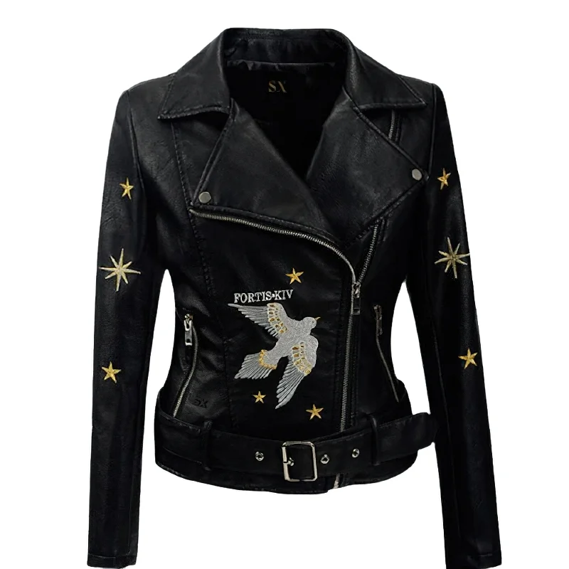 Fashion Embroidered PU Leather Jackets / Women's Belt Short Jacket Denim Jacket Leather Jacket Suede Jacket Fashion Embroidered PU Leather Jackets / Women's Belt Short Jacket Denim Jacket Leather Jacket Suede Jacket