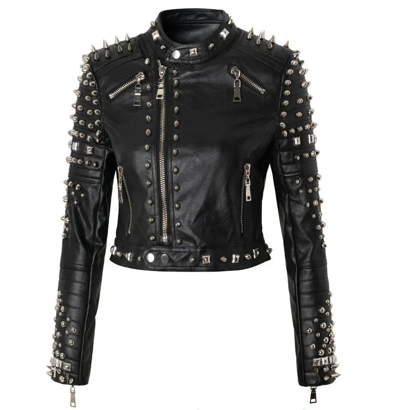 Fashion Female Black Jacket in Punk Style / Women's PU Leather Short Jackets with Rivet Oversized Jacket Tailored Jacket Straight Jacket Fashion Female Black Jacket in Punk Style / Women's PU Leather Short Jackets with Rivet Oversized Jacket Tailored Jacket Straight Jacket