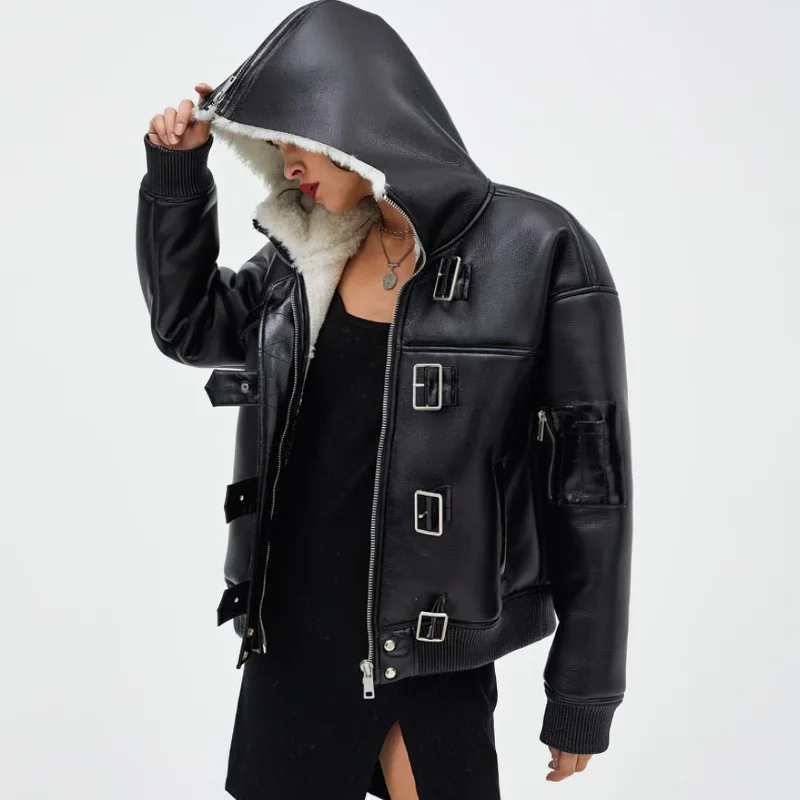 Fashion Female Black Pu Leather Jacket with fur / Casual Women's Jackets with Hoody Denim Fabric Leather Fabric Suede Fabric Fashion Female Black Pu Leather Jacket with fur / Casual Women's Jackets with Hoody Denim Fabric Leather Fabric Suede Fabric