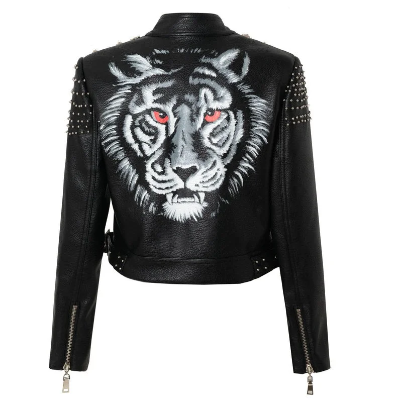 Fashion Women's Leather Jacket 3D with Print of Tiger / Motorcycle Slim Short Outerwear Embroidered Jacket Appliqued Jacket Beaded Jacket Fashion Women's Leather Jacket 3D with Print of Tiger / Motorcycle Slim Short Outerwear Embroidered Jacket Appliqued Jacket Beaded Jacket