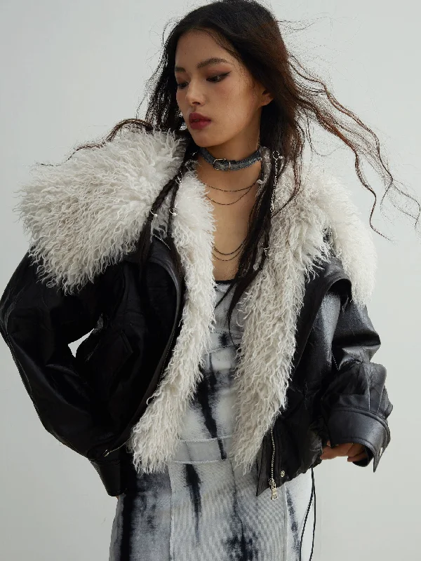 Faux Leather Jacket With Detachable Oversized Fur Collar Satin Jacket Silk Jacket Chiffon Jacket Faux Leather Jacket With Detachable Oversized Fur Collar Satin Jacket Silk Jacket Chiffon Jacket