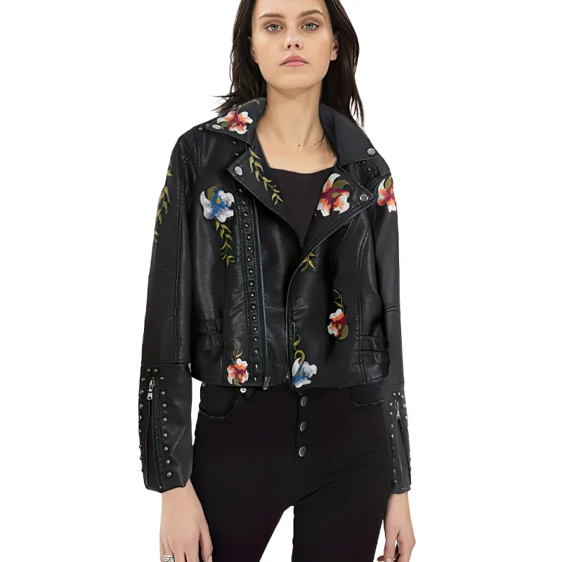 Faux Leather Women's Jacket / Floral Print Embroidery Outerwear / Female Motorcycle Black Coat Wool Jacket Cashmere Jacket Tweed Jacket
