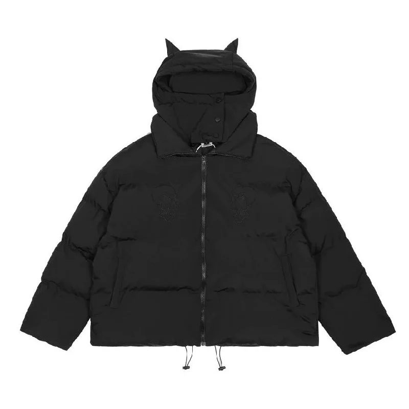 Feline Noir Puffer Jacket Welt Pockets Slit Pockets Flap Pockets