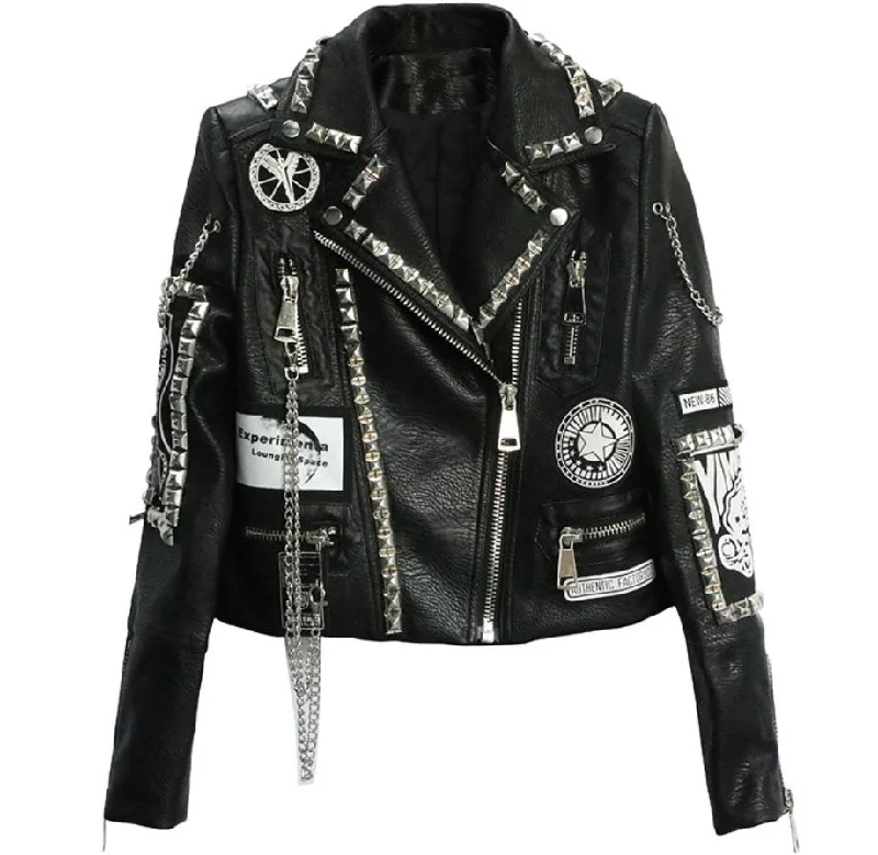 Female Soft Pu Leather Jacket with Rivets Beading / Cropped Outerwear for Women Knit Fabric Woven Fabric Fleece Fabric Female Soft Pu Leather Jacket with Rivets Beading / Cropped Outerwear for Women Knit Fabric Woven Fabric Fleece Fabric