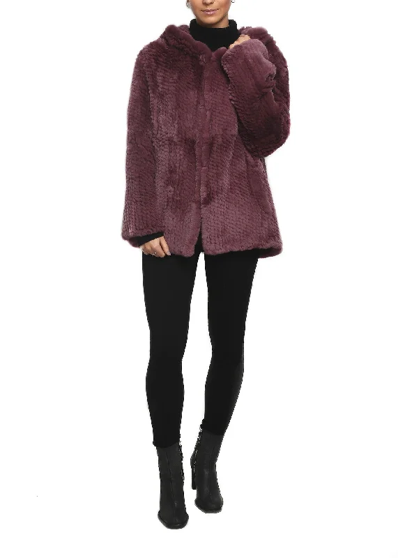 Fur 5 Eight Knitted Real Rex Rabbit Fur Hooded Jacket Welt Pockets Slit Pockets Flap Pockets