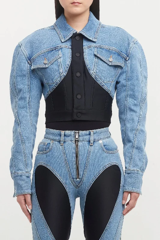 Mugler Denim Jersey Jacket Welt Pockets Slit Pockets Flap Pockets