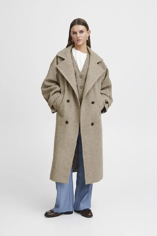 Gaziva Long Jacket Desert Taupe Boat Neck Shawl Collar Notched Collar