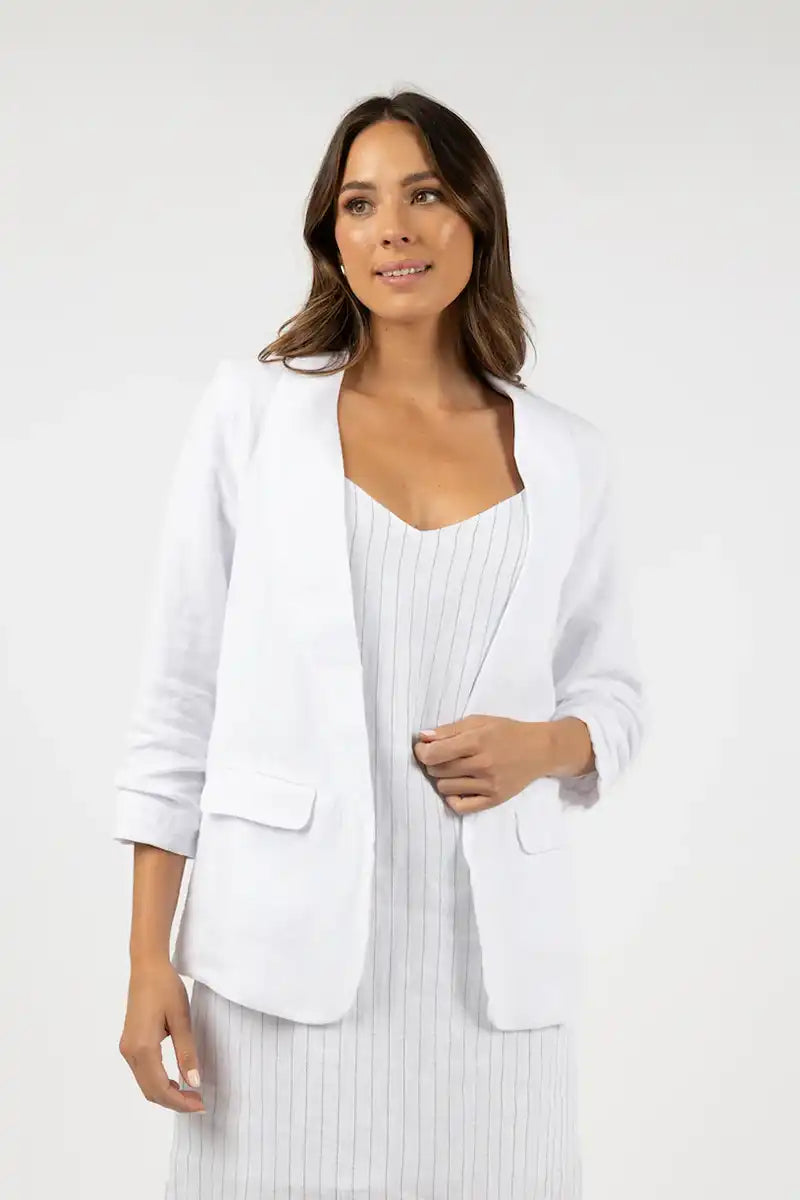 Humidity Seville Linen Jacket in White Front Pockets Side Pockets Patch Pockets