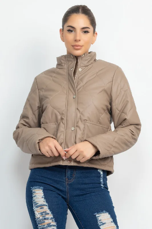 Mock Neck Quilted Jacket Zippered Front Buttoned Front Snap Front