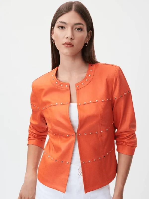 Joseph Ribkoff Orange Vegan Leather Studded Jacket 232904 57 Cardigan Sweater Pullover