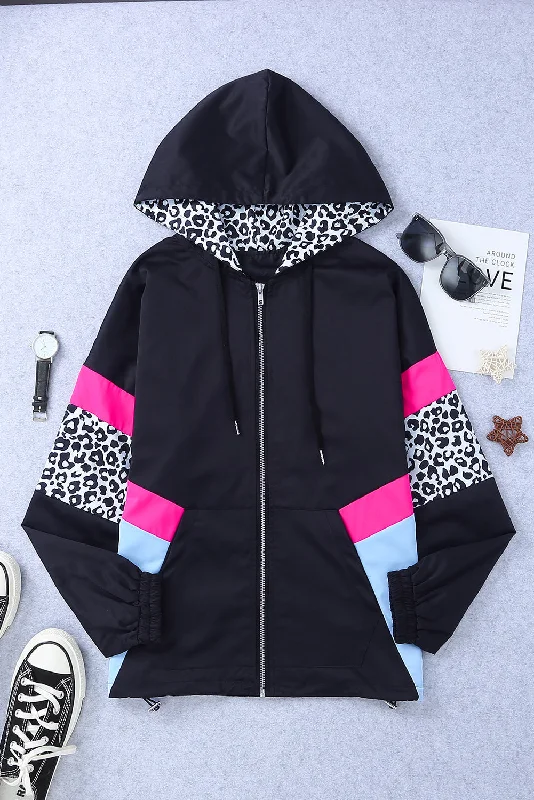 Leopard Color Block Zip-Up Hooded Jacket Toggled Jacket Drawstring Jacket Belted Jacket