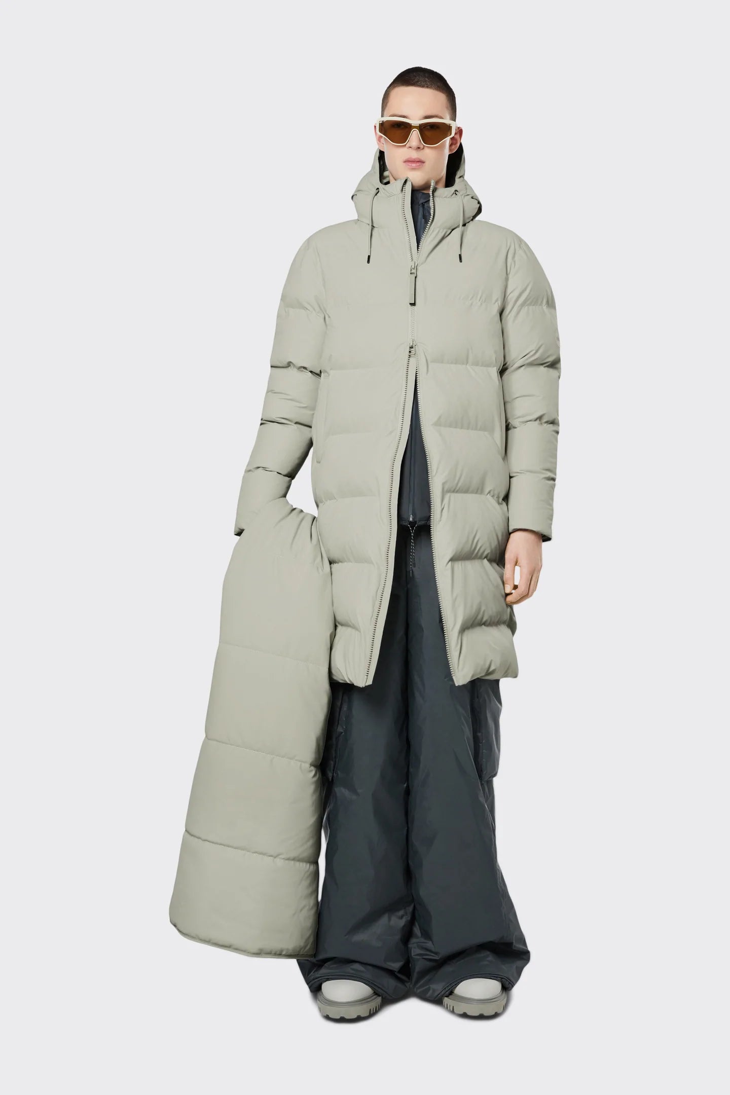 LONG PUFFER JACKET GREY Toggled Jacket Drawstring Jacket Belted Jacket