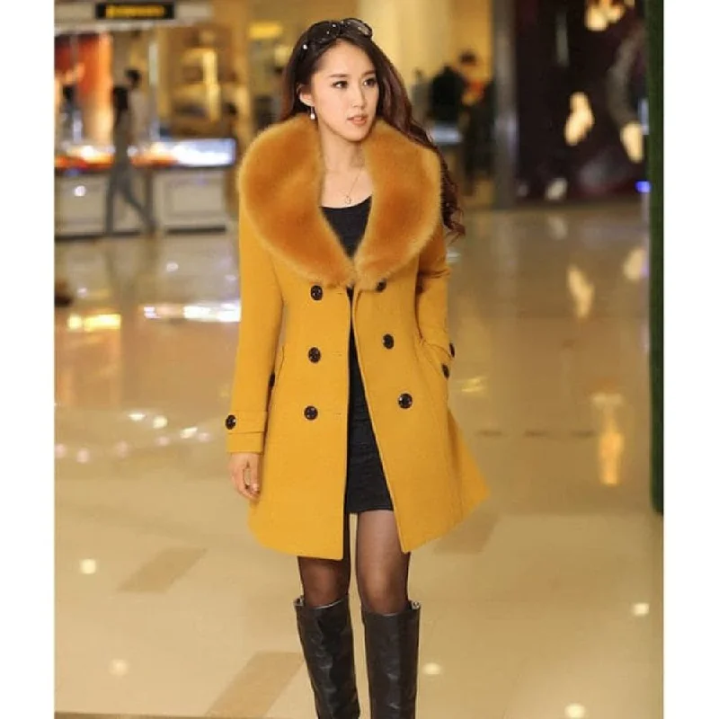 MDG Women's Fine Fashion Golden Yellow Coat Jacket Premium Quality Fur Collar Designer Wool Coat Jacket Notch Collar Jacket Peter Pan Collar Jacket Cowl Neck Jacket