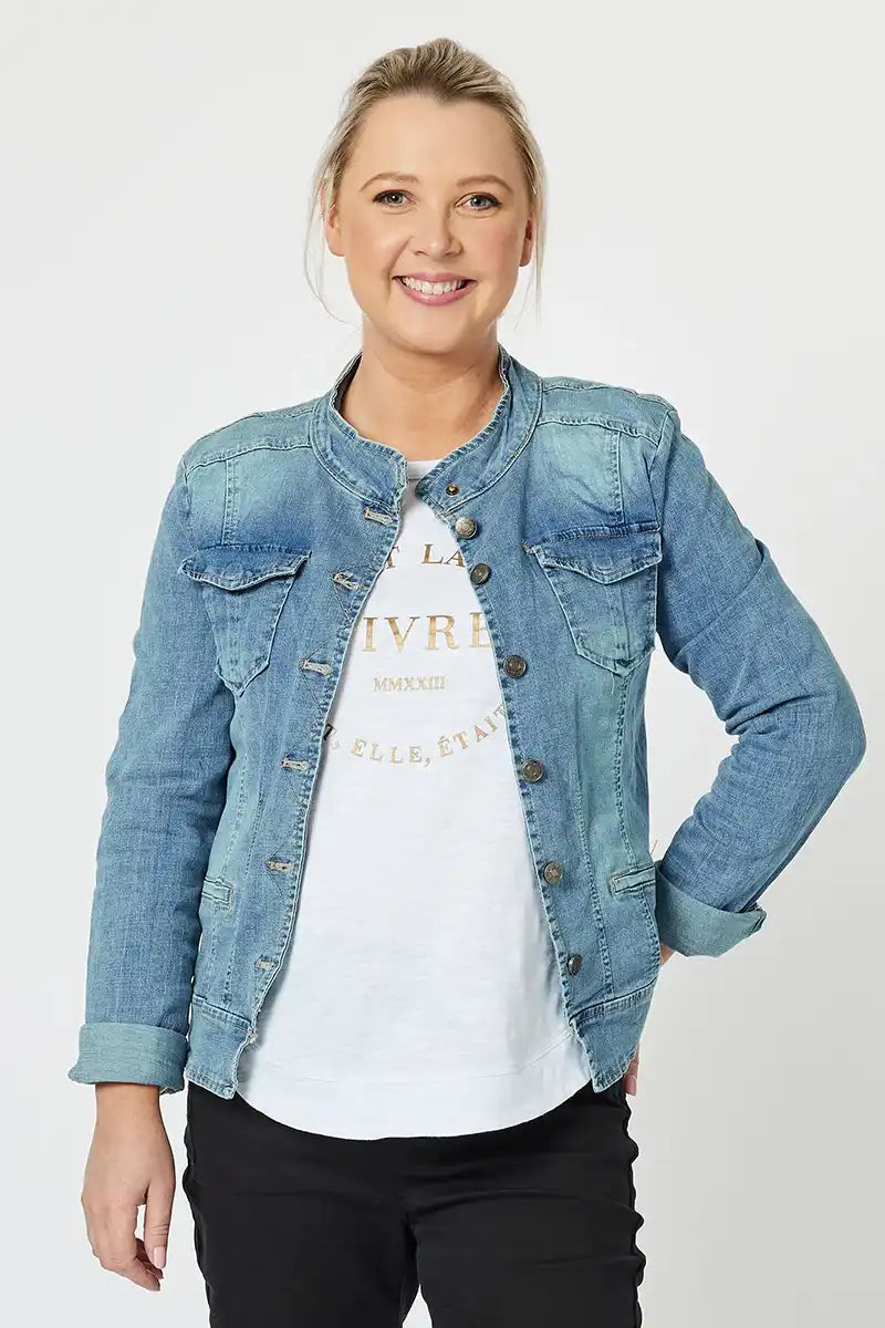 Mel Denim Jacket in Denim Nylon Jacket Polyester Jacket Spandex Jacket