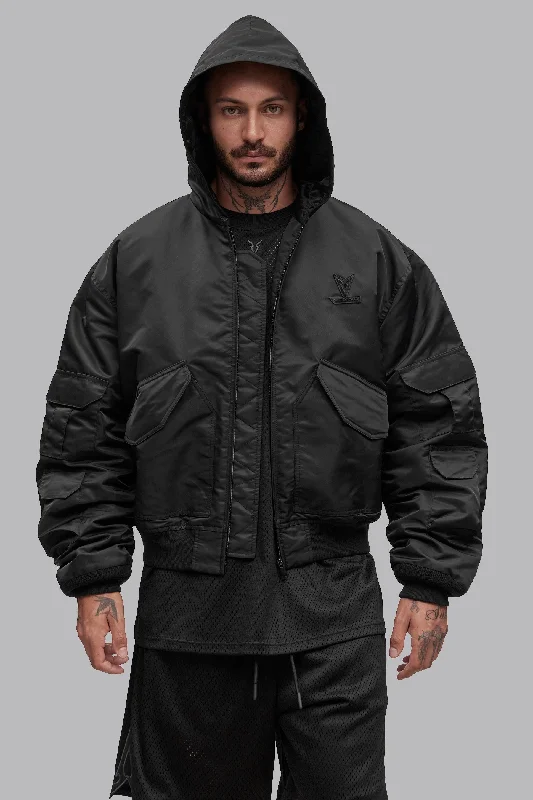 V_FLYTE BOXY BOMBER JACKET - Black Knit Fabric Woven Fabric Fleece Fabric