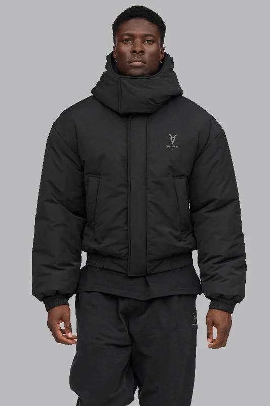 V_QUILT BOXY PUFFER JACKET - Black Hoodie Zip-Up Jacket Button-Up Jacket