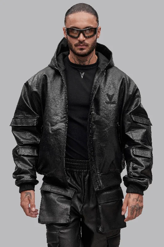 V_GAN LEATHER BOXY BOMBER JACKET - Black Tiered Jacket Buttoned Jacket Zippered Jacket