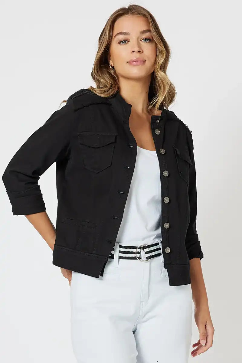 Military Denim Jacket - Black Front Pockets Side Pockets Patch Pockets
