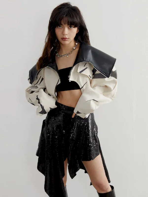 Monotone Big-Collar Leather Short Jacket Denim Jacket Leather Jacket Suede Jacket