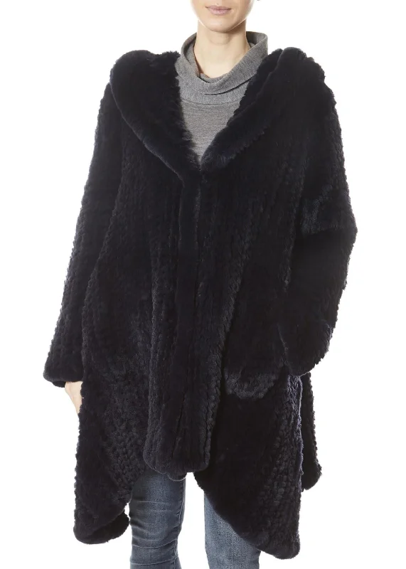 Navy Long Hooded Asymmetric Knitted Rex Rabbit Jacket Fleece Fabric Down Fabric Feather Fabric Navy Long Hooded Asymmetric Knitted Rex Rabbit Jacket Fleece Fabric Down Fabric Feather Fabric