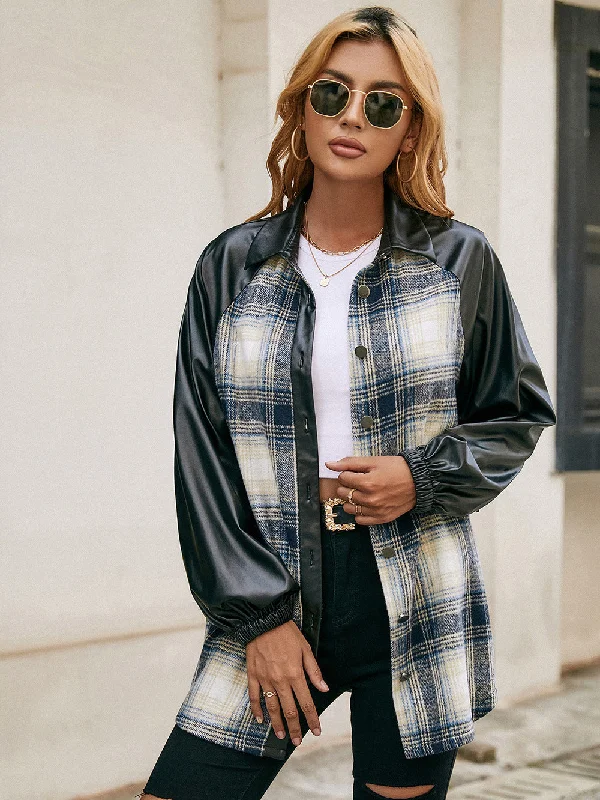 Plaid Button Down Raglan Sleeve Jacket Elasticated Jacket Padded Jacket Insulated Jacket