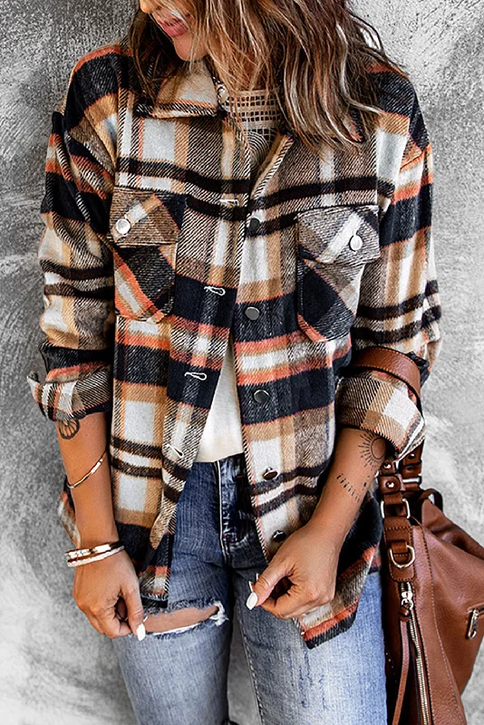 Plaid Button Front Shirt Jacket with Breast Pockets Jersey Jacket Tulle Jacket Batik Jacket