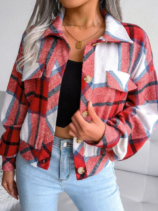 Plaid Collared Neck Drop Shoulder Jacket Belted Jacket Elasticated Jacket Padded Jacket