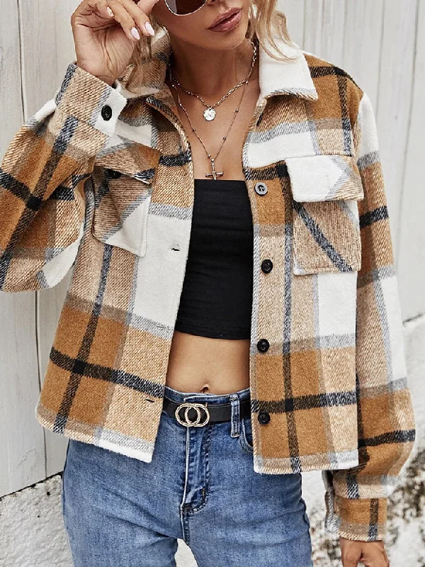 Plaid Collared Neck Jacket with Breast Pockets Print Jacket Jacquard Jacket Embroidered Jacket