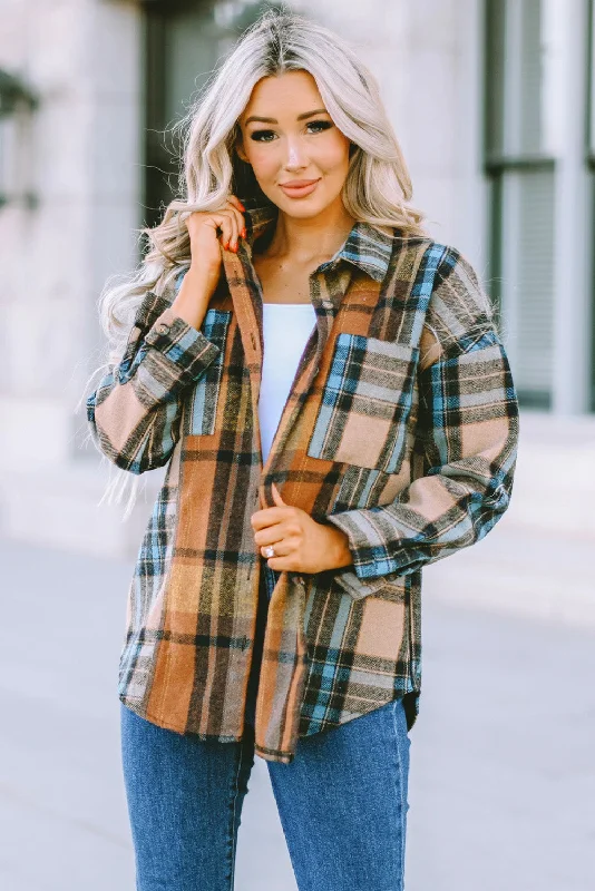 Plaid Curved Hem Shirt Jacket with Breast Pockets Nylon Jacket Polyester Jacket Spandex Jacket