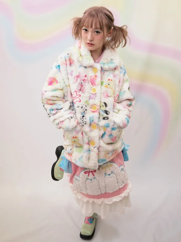 Printed Plush Warm Jacket Welt Pockets Slit Pockets Flap Pockets