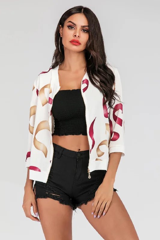 Printed Zip-Up Three-Quarter Sleeve Bomber Jacket Zippered Front Buttoned Front Snap Front