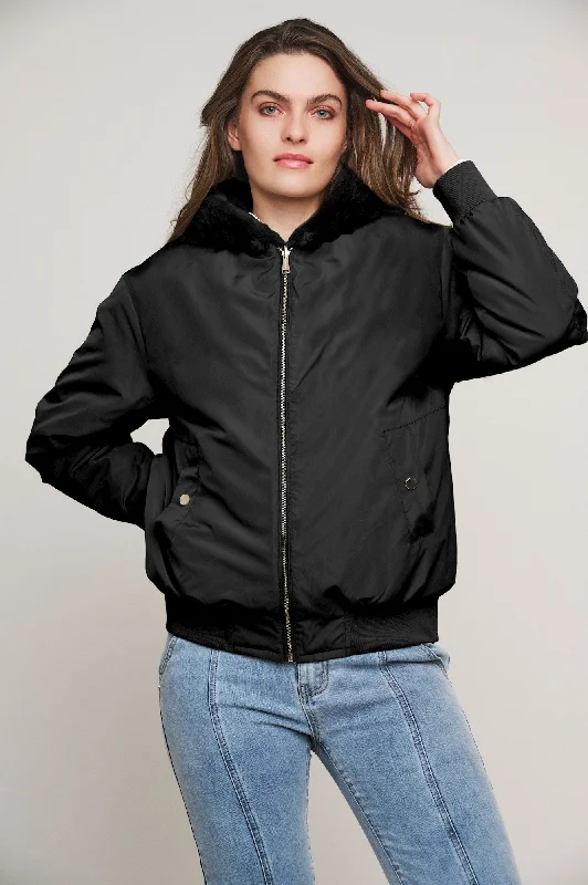 Rubia Black Faux Fur Reversible Bomber Jacket Front Pockets Side Pockets Patch Pockets Rubia Black Faux Fur Reversible Bomber Jacket Front Pockets Side Pockets Patch Pockets